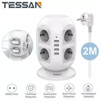 TESSAN с несколькими розетками, удлинитель, вертикальная вилка, вертикальная розетка с удлинителем USB, 2 м, вилка европейского стандарта, электрическая розетка, защита от перенапряжения