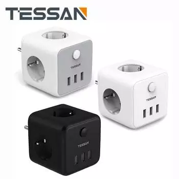 TESSAN серый/белый/черный адаптер питания с вилкой европейского стандарта с переключателем, 3 розетками и 3 портами USB, удлинитель с несколькими розетками европейского стандарта для дома, офиса, путешествий 3 Outlets & 3 USB Ports серый