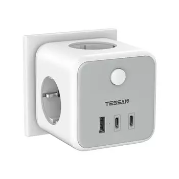 TESSAN Standard 6 в 1 тройниковые розетки с 2 портами USB C и 1 портом USB A, многоканальный сетевой концентратор с выключателем, зарядное устройство USB, совместимое с телефоном, планшетом 3 Outlets 2Type-C 1 USB A серый