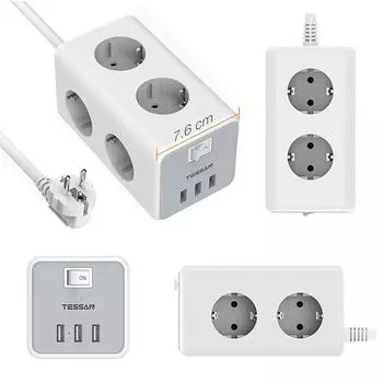 TESSAN Tower 3/6-контактные розетки Многофункциональный удлинитель Вертикальный удлинитель 1,5/2 м Вилка европейского стандарта с 3 USB-переключателями для защиты от перенапряжения 3 Outlets & 3 USB Ports серый