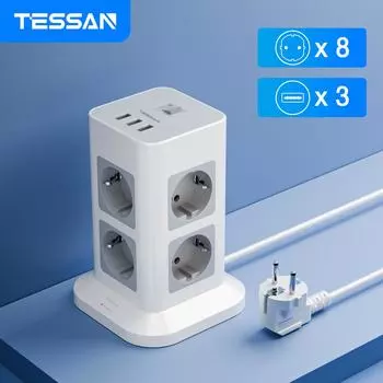 TESSAN Tower 8-контактная розетка, мульти-удлинитель, вертикальный удлинитель 2 м, вилка европейского стандарта с 3 USB-переключателями для защиты от перенапряжения 3 Outlet & 3 USB Ports серый