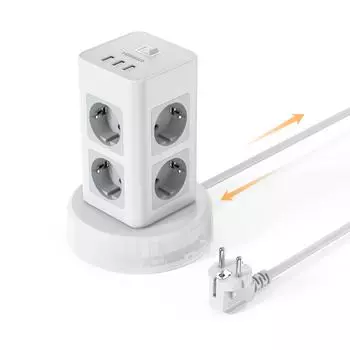 TESSAN Tower 8-позиционная розетка Multi Power Strip Вертикальный 2-метровый втягивающийся шнур EU Plug с 3 USB-выключателем защиты от перенапряжения 8 Outlets & 3 USB A Ports серый