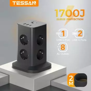 Tessan Сетевой фильтр Tower с удлинителем USB 2M, черный вертикальный сетевой фильтр Tower с защитой от перенапряжения, розетка EU Plug Tower 8 Outlet&2 USB-A&1 USB-C чёрный
