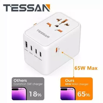 TESSAN Travel Адаптер питания Настенная розетка с USB 65 Вт PD Быстрая зарядка USB C в ЕС