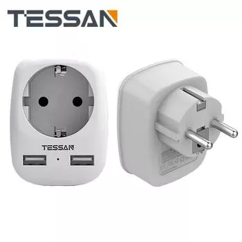 TESSAN Удлинитель настенной розетки с вилкой европейского стандарта с USB-портами, портативный адаптер питания 3 в 1, дорожное зарядное устройство с защитой от перегрузки 1 Outlet & 2 USB Ports серый