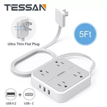 TESSAN Ультратонкий удлинитель с плоской вилкой, 4 розетками и 3 портами USB (1 USB-C), Настольный удлинитель питания 7 в 1 с кабелем длиной 1,5 м/5 футов