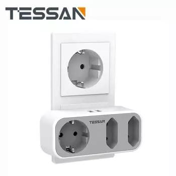 TESSAN USB-адаптер 5 в 1 с 2 USB-портами и 3 розетками европейского стандарта, удлинитель с вилкой европейского стандарта для офиса/дома 3 Outlet & 2 USB Ports серый