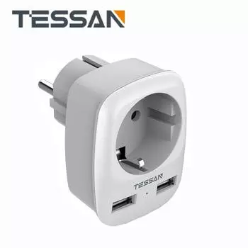 TESSAN USB-адаптер, Розетка (4000 Вт) с 2 USB-соединениями (2,4 А) Настенное зарядное устройство ЕС с двойной вилкой для смартфона, планшета, камеры 1 Outlets & 2 USB Ports серый