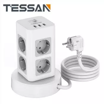 TESSAN Вертикальный удлинитель с несколькими розетками с USB, выдвижным удлинительным кабелем 1,5 м/2 м, электрической розеткой EU KR для домашнего офиса