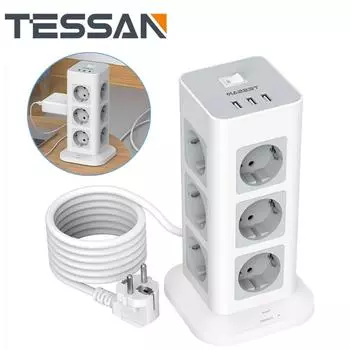TESSAN Вертикальный удлинитель с несколькими розетками и удлинительным кабелем USB 2M, вилка EU KR, электрическая розетка, защита от перенапряжения для дома