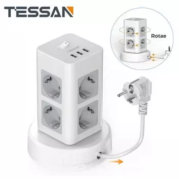 TESSAN Вертикальный удлинитель с несколькими розетками с USB, выдвижным удлинителем длиной 2 м, многоточечной электрической розеткой с вилкой европейского стандарта