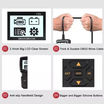 Тестер аккумулятора, считыватель кодов, многоязычная система проверки двигателя, диагностический инструмент автомобиля, сканер OBD2, считывание информации об автомобиле V750