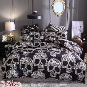 Текстильный комплект Пододеяльник 3D-череп с принтом Комплекты постельного белья Одиночный двойной Полный Queen King AU EU US Размер Черный пододеяльник с наволочкой без простыни 150x210cm(2 pcs)