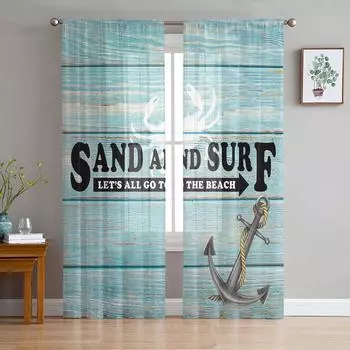 Текстура дерева, потертый краб, якорь, тюль, занавеска, вуаль, прозрачный тюль для спальни, гостиной, кухни, прозрачные оконные занавески W135 x H114cm