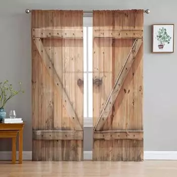 Текстура деревянной двери Винтажные прозрачные шторы для гостиной Оконные тюлевые шторы для спальни Кухня Домашнее украшение Вуаль Шторы W135 x H115cm x1&Rod Pocket