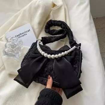 Текстура кружева плиссированная сумка женская сумка женская черная жемчужная сумка через плечо браслет-бантик модная белый