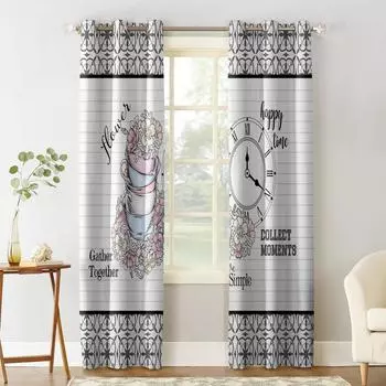 Текстура плитки, цветы, часы, чашка кофе, оконная занавеска, домашний декор, шторы для гостиной, спальни, кухни, занавеска, панель 135W x 60H(cm)