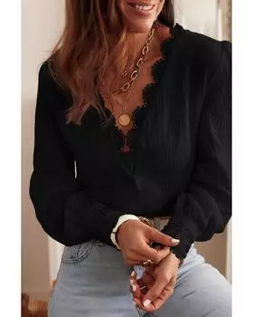 Текстурированная блузка Azura Exchange с глубоким V-образным вырезом и кружевной отделкой XL чёрный