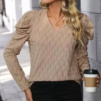 Текстурированная футболка с V-образным вырезом, однотонная, с рукавами «баранья нога» и длинными рукавами, повседневный пуловер для женщин S хаки