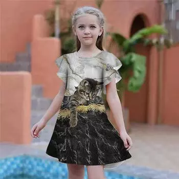 Текстурированные платья с принтом котенка для девочек. Детское праздничное платье для девочек. Свободный крой. Свободная юбка с короткими рукавами для девочек старше четырех лет. 80 синий