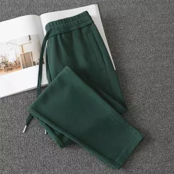 Текстурированные Повседневные Женские Спортивные Брюки из Полного Хлопка на Весну и Осень Dark green XL