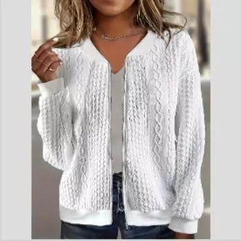 Текстурированный бомбер на молнии, повседневная однотонная верхняя одежда с длинными рукавами, женская одежда S белый