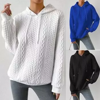 Текстурированный свитер Новая модная толстовка с капюшоном Свободная женская одежда с длинными рукавами S чёрный