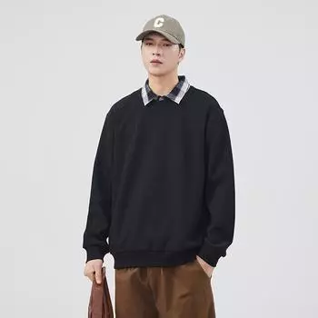 Текстурированный воротник рубашки Поддельные два свитера Мужской сезонный трендовый бренд Свободный пуловер Универсальный топ M чёрный