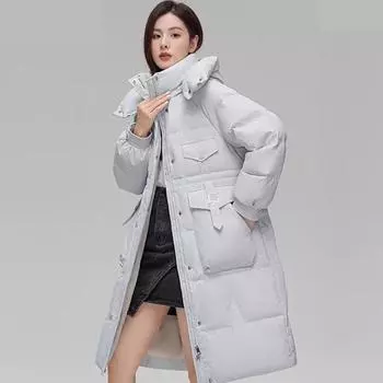 Текстурная длинная куртка-пуховик женская зимняя 2024 года, новая мода с капюшоном, теплая белая куртка на утином пуху до колена S хаки