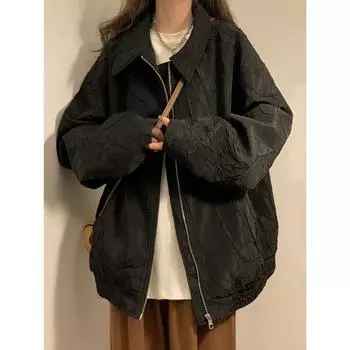 Текстурная рабочая куртка, женская куртка больших размеров, шикарный ретро-стиль Гонконга, дизайн, бейсбольная майка M чёрный
