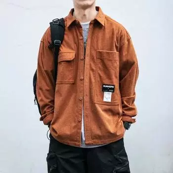 Текстурная рубашка мужская японская ретро рубашка для работы модные мужские рубашки свободная рубашка с длинными рукавами универсальная L коричневый