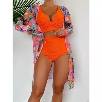 Текстурная ткань. Однотонное бикини с тропическим принтом. Накидка с длинными рукавами, высокая талия, V-образный вырез. Эластичный комплект из 3 предметов. Купальники, женские купальники и одежда S оранжевый