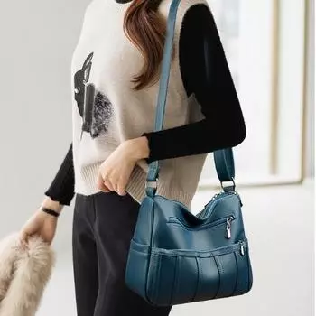 Текстурная женская сумка из мягкой кожи, многослойная сумка через плечо на одно плечо, большая вместимость, сумка для мам среднего и пожилого возраста чёрный