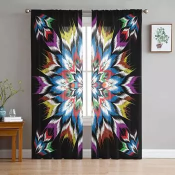 Текстуры в ацтекском стиле, прозрачная вуаль, оконные шторы, тюлевые шторы, украшение для гостиной, балкона, шторы 135W x 114H(cm)