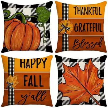 Thanksgiving Autumn Cushion Pumpkin Maple Leaf Hand-painted Buffalo Check Home Cushion Pillow Cover Does Not Include Pillow Core 45*45cm