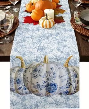Thanksgiving Blue White Porcelain Pumpkin Linen Table Runners Fall Washable Dresser Scarf for Wedding Holiday Party Table Decor 150x33cm 59x13inch
