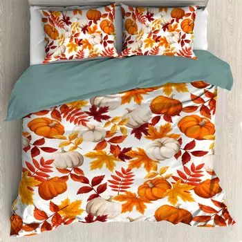 Thanksgiving Fall Pumpkin Maple Leaves Duvet Cover with 2 Pillow Shams 3pcs Comforter Cover Bedding Set All-Season Room Decor EU single(135x200cm)