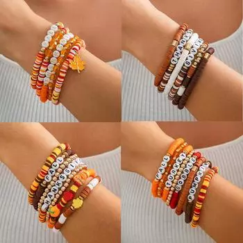 Thanksgiving Letter Polymer Clay Bracelets Multilayer Acrylic Beaded Bracelet Set for Women Harvest Festival Jewelry Gift Accessories