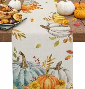 Thanksgiving Linen Table Runner Washable Fall Pumpkins Autumn Leaf Table Runner Wedding Party Holiday Kitchen Dining Table Decor 150x33cm 59x13inch