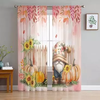 Thanksgiving Plant Fence Sunflower Pumpkin Sheer Curtains for Kids Bedroom Living Room Voile Window Curtains Tulle Drapes W135 x H114cm