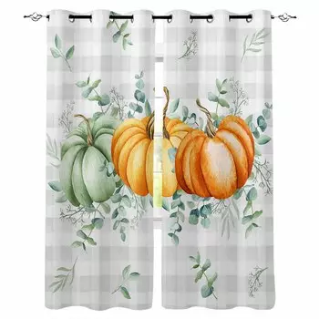 Thanksgiving Pumpkin Eucalyptus Leaves Grey Grid Blackout Curtains For Living Room Bedroom Window Treatment Blinds Drapes W135 x H60cm