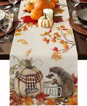 Thanksgiving Pumpkin Hedgehog Linen Table Runner Fall Holiday Kitchen Wedding Party Dining Table Decor Thanksgiving Decorations 150x33cm 59x13inch