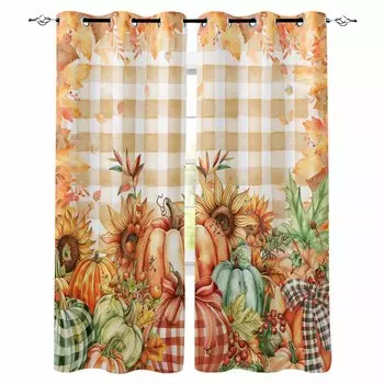 Thanksgiving Pumpkin Leaves Sunflower Grid Blackout Curtains For Living Room Bedroom Window Treatment Drapes Home Decor W135 x H60cm