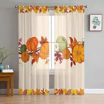 Thanksgiving Pumpkin Maple Leaf Sheer Curtains for Living Room Decoration Window Curtain Kitchen Tulle Voile Organza Drapes W135 x H115cm x1&Rod Pocket