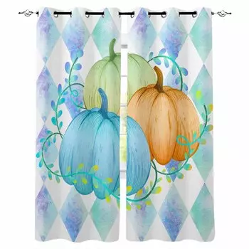 Thanksgiving Pumpkin Plant Vine Man Diamond Grid Blackout Curtains For Living Room Bedroom Window Treatment Drapes Home Decor W135 x H60cm