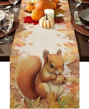 Thanksgiving Squirrel Maple Leaf Fall Linen Table Runner Seasonal Dresser Scarf Table Decor Farmhouse Wedding Dining Party Decor 150x33cm 59x13inch