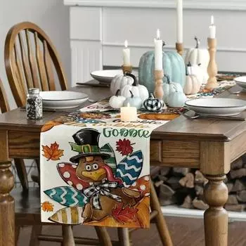 Thanksgiving Table Runner Pumpkin Cartoon Printing Rectangle Easy Care Table Protection A