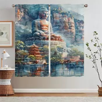 The Big Buddha in the Deep Mountains Curtains for Living Room Decoration Curtain Window Sheer Curtains Blackout Partition Blinds W50xH70cmx2pcs-CL