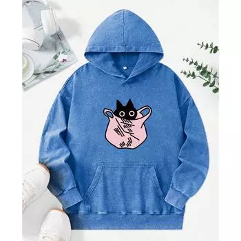 The Cat In The Pocket Prints Women Washed Hoody Autumn Hoodie Multicolor Streetwear Cotton Pullovers Loose Hoodies L
