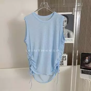 The Fabric Feels Comfortable! Bunchy Yarn Loose Breathable round Neck Yoga Drawstring at Hem Quick-Drying Sleeveless Vest Summer Windmill Blue (High Quality In Stock) 2XL